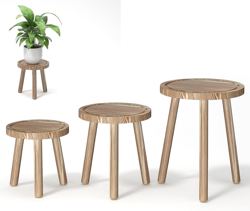 Vecxoty 3-Pack Wood Plant Stands Indoor, Single Plant Stand for 6-12 Inch Pots, Mid-Century Modern Plant Stool, Tall Plant Stand for Large Plants for Living Room, Balcony, Office (Light Brown - Image 1